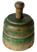 RM1484 Original green painted butter mold / press / stamp depicting hand-carved leaves and acorns encircled with a carved ring. Solid wood with great patina and wear indicative of age and use. Measurements: 4" outside diameter x 3� tall (excluding handle)