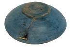 **SOLD** M1147 Miniature wooden bowl with early old dry blue painted surface and natural patina interior, resting on a defined raised footed base. Bowl features a lipped rim with incised ring, slow turned lathe marks and an age crack with a tiny rope repair. Measurements: 5 5/8" top diameter x ~1 3/4" deep. Footed base is 2 &frac12;� x 2 5/8" diameter. 