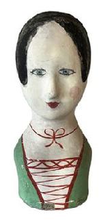 K323 19th century Milliners head wig / hat stand with original hand painted facial features and beautifully detailed bodice - papier-mâché construction. Approximate measurements: 6 ½ wide (base) x ~7 ¾ deep (face/head) x ~15 ¾ tall.