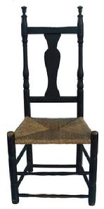 Y292 Early 18th century banister back Queen Anne side Chair, from North Branford Connecticut, circa 1740-1760 , early black paint over the original green. The Chair has very unusual Urn shaped finials, the front front stretchers show wear
