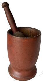 J270 Early 19th century Mortar and Pestle with original bittersweet red painted surface. Very simple turnings, with faint remnants of incised lines around the bowl and base areas. Vertical open age crack along one side of bowl. Base of pestle, and inside of mortar, shows extensive wear and great natural patina from years of use. Measurements: 6 ¾ tall x 4 ¾ diameter. Pestle measures 9 long.