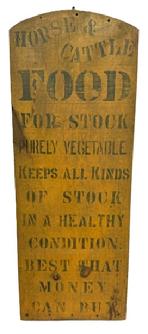 M322 Single sided wooden sign that reads: �Horse & Cattle Food For Stock� �Purely Vegetable� �Keeps All Kinds Of Stock In A Healthy Condition� �Best That Money Can Buy�. Original green painted letters and edges on a mustard yellow background. Found in Pennsylvania. Measurements: 13 &frac14;� wide x 78� thick x 35 &frac34;� tall.  