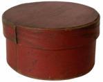 *SOLD* G845 Small round pantry box with original dry red painted surface. Steamed and bent sides secured with extremely tiny Tee nails. Natural patina inside. 
