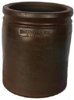 D56 Half-Gallon Stoneware Jar, Stamped "E.J. MILLER / ALEXA," attributed to the Wilkes Street Pottery, Alexandria, VA origin, circa 1850, cylindrical jar with tooled shoulder and semi-squared rim, impressed with E.J. Miller merchant mark below rim. Excellent, as-made condition 7 tall 6 diameter