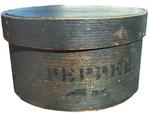 W78  19th century original  black painted Pantry Box, with the word pepper in black paint on the front. imeasurements are: 7 1/4" diameter x 4"