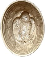 J33  Early yellow ware stoneware oval shaped food / pudding mold depicting a patriotic Eagle encircled with 12 Stars. Measurements: 8� long x 6 ¼� wide x 3 ½� deep
