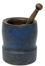 **SOLD** M285 19th century original blue painted Mortar and Pestle.  Each part is turned from one solid piece of wood. The interior of the mortar retains wonderful natural patina. Very sturdy with good weight. The Mortar measures 7 &frac14;� tall x 6 &frac12;� diameter bottom with a 2 &frac14;� wide band with molded edge around the bottom before the sides curve around the bowl and taper back to a 6 1/8� diameter top with a rim that measures 5/8� thick. Pestle appears to be original to the mortar and measures 8 &frac12;� long with remnants of blue paint and significant wear indicative of years of use. 