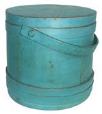 Blue  painted wooden Firkin,The Firkin sides and top are surrounded by a simple overlapping bentwood bands, secured by small copper tacks.  11 3/4" diameter across the top x 11 1/4"  across the bottom x 12 1/2"x 12 tall