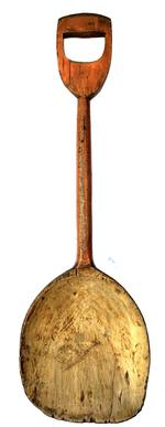 A218 19th century Single Piece Carved Wood Scoop Shovel with Original Chrome Orange Paint. Arched carved pan with cylindrical shaft and D-shaped carved handle. Measurements: 35" long x 12" wide
