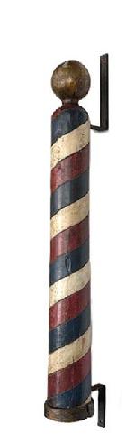 **SOLD** K1868 Wonderful late 19th century red, white, blue and gold gild painted solid wood turned Barber Pole with cast iron bracket to mount on wall. A nice, solid wooden ball turning at the very top and paint decorated wooden band around bottom adds to the visual appeal of this pole!  This pole is in great condition and measures: 34 tall x 5 diameter.  When mounted by the iron bracket, it sticks out approximately 6 ¾ from the surface it is mounted on.  