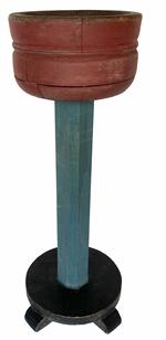 G463 Folk Art Flower planter, in the original paint of red,blue and black, the top or the flower pot is made of layered construction of wood great workmanship  Measurements are: 28" tall 9 1/2" diameter 