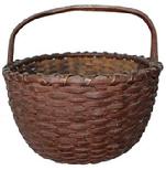 B186 Virginia 19th century  gathering Basket with the original dark red  painted, single wrapped rim, steamed and bent handle , reinforced bottom,  very well made  10 1/2"across the center x 6 1/4" tall