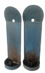 **SOLD** RM1411 Pair of Hanging tin wall sconces retaining old blue painted surfaces. Each sconce boasts crimped round/arched top edge, embossed reeded columns, finely folded edges, a hole for hanging and a demilune dish holding a single rolled edge candle socket that is 1 5/8� tall. Solder joints are secure. Measurements:  4� wide x 2 ¾� deep x 13 ¼� tall (top arches are 4 3/8� wide)  