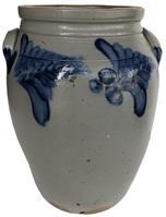 E386 Pennslyvania large crock jug with applied handles, A very impressive stamped three gallon Stoneware Crock, decorated with a motif design all arounf top . A sweeping pattern of brushed designs 