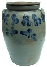 W230 Unusual six-Gallon Stoneware Crock with Large Cobalt Clover Decoration, Baltimore, MD origin, circa 1875, applied  handles, decorated with a two-stemmed plant design on the front and back featuring very large clovers. minor chips around rim and handle  17" tall x 12" diameter