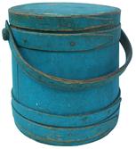 W261 New England Blue  painted wooden Firkin,The Firkin sides and top are surrounded by a simple overlapping bentwood bands, secured by small copper tacks. There is a small crack in the band surrounding the lid  9 1/4" diameter across the top x 10"  across the bottom x10" tall