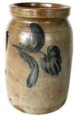 H511 19th century Cobalt decorated Stoneware storage crock. Philadelphia, probably made during the 1850s. Wide lipped rim around the top with incised ring around shoulder and beautiful cobalt blue decoration. Great condition. Measures 9" tall x 6" diameter (bottom) x 5� diameter (top)