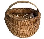 **SOLD** M222 Fantastic, early, tightly hand-woven miniature oak splint egg / buttocks basket boasting woven details at the junctures of the two main ribs as well as along the bottom center of the basket. Retains original aged, natural patina surface. Great size and condition! Measurements: 5� diameter x 3 &frac14;� tall (sides) x 5� tall (including handle).