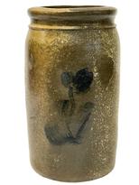 M245 Cobalt decorated stoneware wax sealer crock � possibly of Virginia origin � featuring straight sides with slightly tooled shoulder and wax sealer rim constructed of dark clay with a hand painted cobalt blue tulip on opposite sides. Circa 1870s.  Measurements: 4 &frac12;� diameter x 8 &frac12;� tall.  