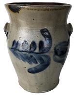 P485 Philadelphia   Cobalt decorated Stoneware Cream Jar  circa 1870 decorated with bright cobalt design, applied handles with cobalt decoration Measurements are: 10 1/2' tall