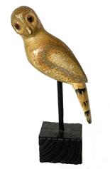 RM1450 Mid 20th century hand carved wooden folk art Owl with original polychrome painted surface. Detailed carved eyes and wings. Unsigned.  Mounted on wooden base for display purposes. Approximate measurements of Owl ~8 1/2" long x ~2 1/4" wide. 9 1/2" tall - mounted height. (Wooden base measures 2 1/4" x 2 3/4" x 1 3/4" tall)  