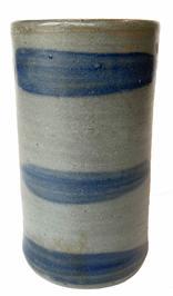 **Sold**G872 WESTERN PENNSYLVANIA DECORATED STONEWARE CANNER CROCK, approximately one-quart capacity, tall cylindrical form with grooved wax-seal rim, Albany-slip glazed interior. Brushed cobalt three-stripe decoration.