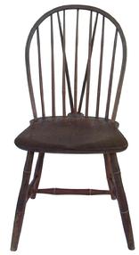 Y64 Early 19th century Pennsylvania, Philadelphia brace back Windsor Chair in original decorated paint, salmon with black decoration, with a white pin stripe, Bamboo turnings with saddle  shaped seats 