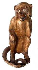 RM1513 Rare Hubley full figural cast iron seated Monkey doorstop. Original painted surface with wear commensurate with age. Very heavy. Circa 1930s. Measurements: 6 ½ deep x 4 ¼ wide x 8 ½ tall