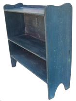 W129 Early 19th century New England Bucket Bench, old blue paint, the shelves are mortised into the sides nice high cut out foot, with a bead design cut down each side of the front.