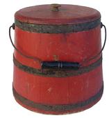 Y16 19th century Sugar Bucket with bittersweet paint ,American, . with stave construction, metal bands and bale handle. bittersweet red and black paint. wooden knobs