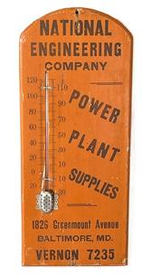 L135 Early 1900s wooden Thermometer advertising National Engineering Company Power Plant Supplies 1826 Greenmount Avenue Baltimore, MD Vernon 7235 in original black lettering on original painted surface. Dated on back May 2 39. Working thermometer intact. Measurements: 9 wide x ¾ thick x 21 tall.