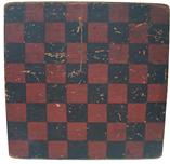 X93  Great Hand Made, Two-Sided Game Board, circa  late 19th Century,  Original black and red  Paint on one side with mustard and red on the other with an Excellent Patina; the Paint is Somewhat Crackled from Age, one board, 13? x 13? x 1?  signed  W. Gill