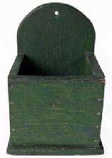J72 19th century Wall Box, in the original Windsor green paint featuring tombstone shaped back with hole for hanging. The box bears a very thin, flush/flat applied molding with mitered front corners around the front and sides