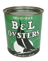 B114 One gallon B&L brand Oyster can with a 16 Oz tin. These cans are marked Princess Anne, MD distributors .Near mint condition!