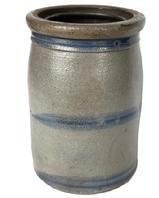 **SOLD** G94 19th century Western Pennsylvania stoneware striper canning crock with three cobalt bands. Measurements: 5 &frac14;� top diameter x 8" tall.  The opening is 3 &frac14;� diameter. 
