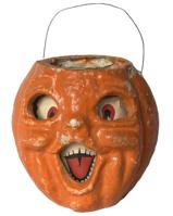 **SOLD** K170 1930s Rare, double sided, small sized Paper Mache Pulp Pumpkin Jack O Lantern. Circa 1930-1940s. The lantern retains original orange surface with wear indicative of age and what appears to be its original wire handle. Paper insert for eyes is present on both sides, however the mouth is missing on one side. Measurements: ~3 1/2" diameter x 4 1/2" tall (not including handle)  