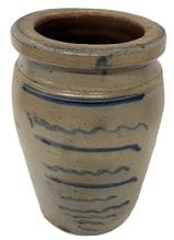 **SOLD** M261 19th century Western Pennsylvania region Wax Sealer canning crock with TEN cobalt blue stripes decorating the front. Circa 1875. Cobalt stripes alternate with straight and squiggly lines which adds to the visual appeal of this crock. Slightly tapered shoulder with beaded edge and a flat wax sealer rim.  From a collection in Chambersburg, PA. Measurements: 5 &frac34;� top diameter x 6� bottom diameter x 10� tall. 