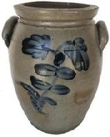 E243 STAMPED "P. HERRMANN.", BALTIMORE, MARYLAND DECORATED STONEWARE JAR, salt-glazed, "3" gallon capacity mark, semi-ovoid form with squared rim, beaded neck ring, incised shoulder ring, and arched handles. Brushed cobalt floral decoration