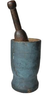 E132 19th Century Wooden Mortar & Pestle in fantastic original dry blue painted surface. Pestle is original and shows beautiful old patina to the wood. One side has an old tight line that has been there a long time. Measurements: 13 tall x 4 ½ diameter.  