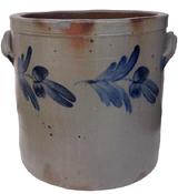 P35 Baltimore Maryland  four gallon Cobalt Decorated Stoneware Crock with ribbed  handles, decorated on the front and back with a brushed cobalt stem with leaves and flowers,