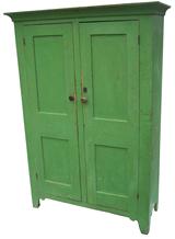  W320 Early 19th century Leigh Valley Pennsylvania two door storage cupboard with wonderful early apple green paint, dovetailed case, with nice high cut out foot typical of  Leigh Valley, double panels doors all mortised and pegged and square nail construction,  circa 1820 measurements are 