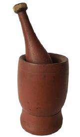 A464 19th century original red painted mortar and pestle, It is thick walled, with a nicely turned base, no breaks or cracks. The pestle, which appears to be original to the mortar, has the original red also