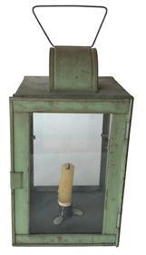 E288 19th century Lantern, with beautful original dry green paint, tin lantern with hinged door and attached handle