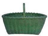 Y132 Late 19th century Gathering Basket with the original  green paint,with double wrapped rim, and a steamed and bent and notched handle, beautiful dry paint, One small break in bottom, very well made, heavy and tight woven.   Measurements are 16" long x 12" wide  