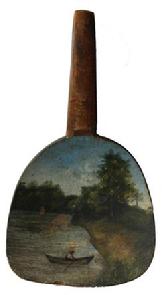 B498 19th century antique treen butter paddle with a desirable folk art hand painted  cabin with man in boat landscape scene in muted colors. 10" x 5" 