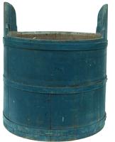 W183 Blue Painted Staved Wash Tub,  three lapped metal bands , pierced stave handles, natural interior. makers mark . Condition: Good