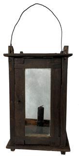 *SOLD* F236 These wooden barn or privy lanterns are not often found painted this one has beautiful old naturial patina .. It also has a tin chimney and wire bale, The candle socket is tin and there is a tin liner under the top to protect against burning although there are some small charred areas on the stiles on the inside.
