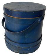 **SOLD** F399 19th century small Covered Wooden Firkin, in the original dry blue paint, tongue and groove softwood staved sides, tapered lap joint wooden bands