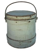 U394 Original white   painted wooden Firkin,The Firkin sides and top are surrounded by a simple overlapping bentwood bands, secured by small copper tacks. 9" diameter x 9 1/2" tall