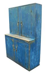 W224 19th Century  Maine Stepback Cupboard ,in original Blue paint